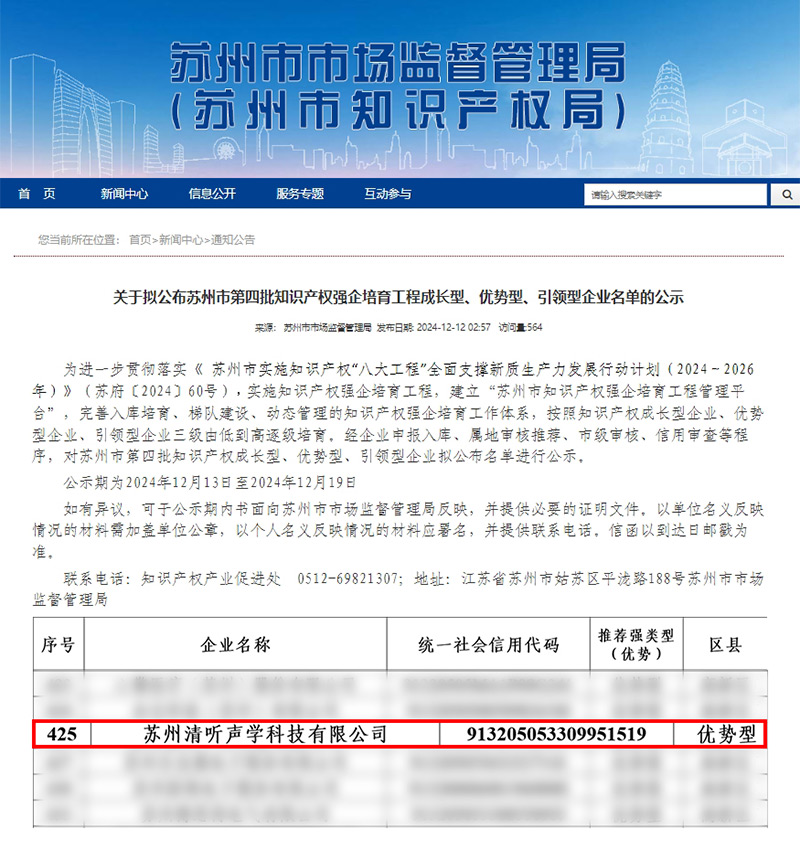 清聽(tīng)聲學(xué)憑借卓越的知識(shí)產(chǎn)權(quán)管理與創(chuàng)新能力，成功入選“優(yōu)勢(shì)型企業(yè)”。
